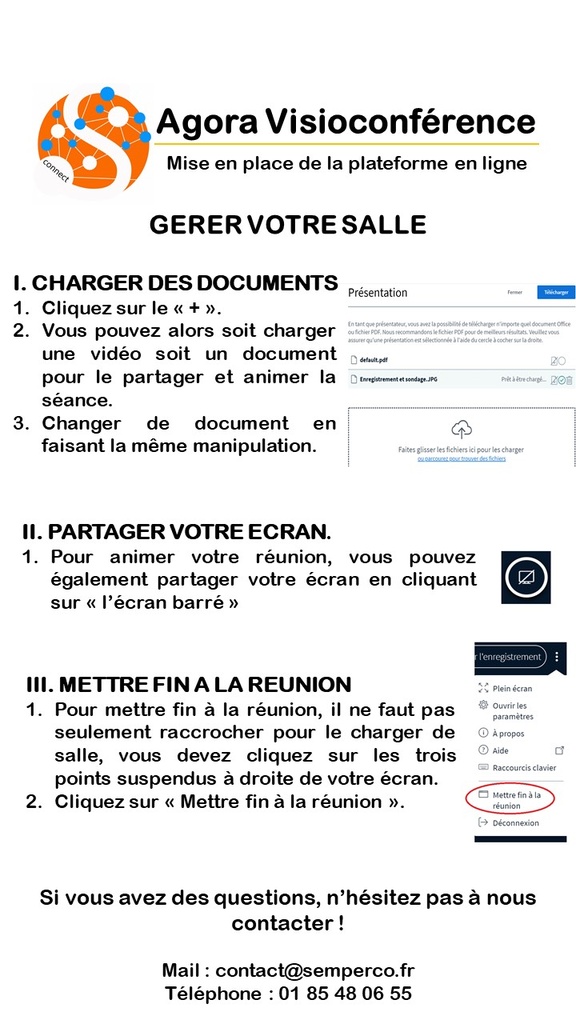 Fonction charger documents et vidéos, partage d'écran et mettre fin à la réunion