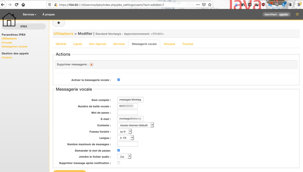 Changer l'adresse mail qui reçoit les messages vocaux